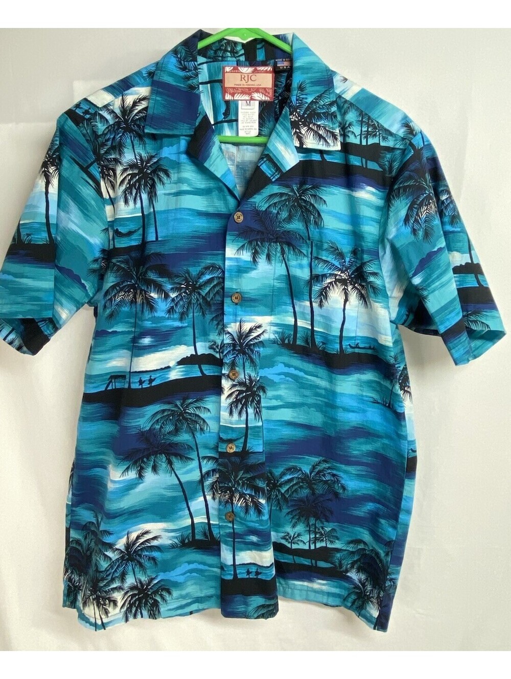 Vintage RJC  Made in Hawaii Shirt Size Medium Teal Palm Trees Ocean Sunset